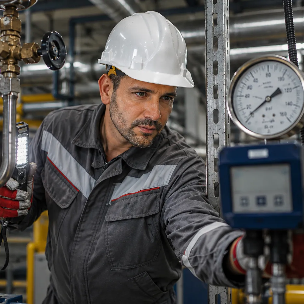 man working in industrial area with gas detection system